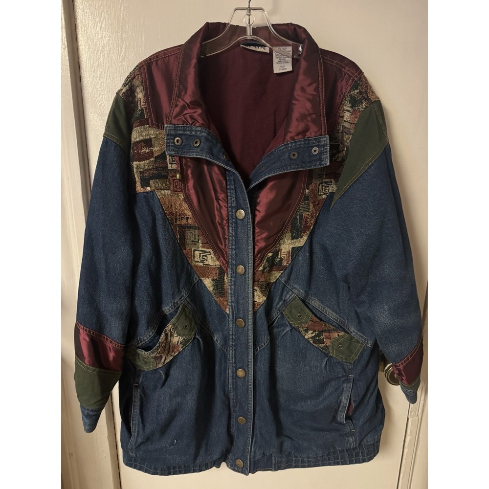 Vintage 90's Blair Patchwork Denim Jacket XL Southwestern Tapestry Western Coat